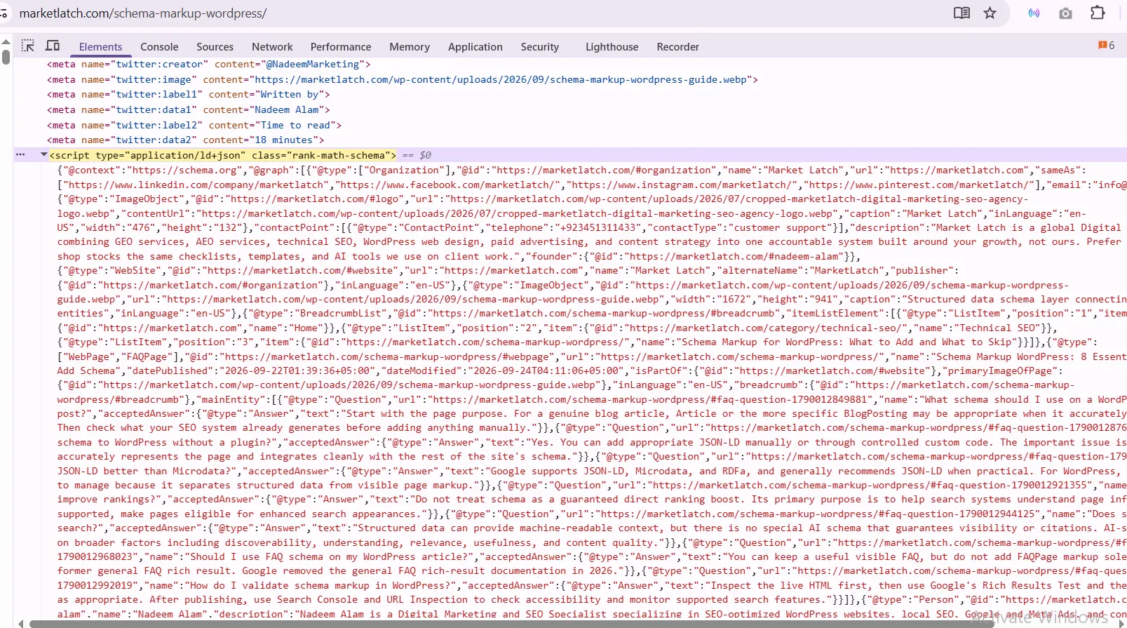 Published JSON-LD schema output audited in WordPress