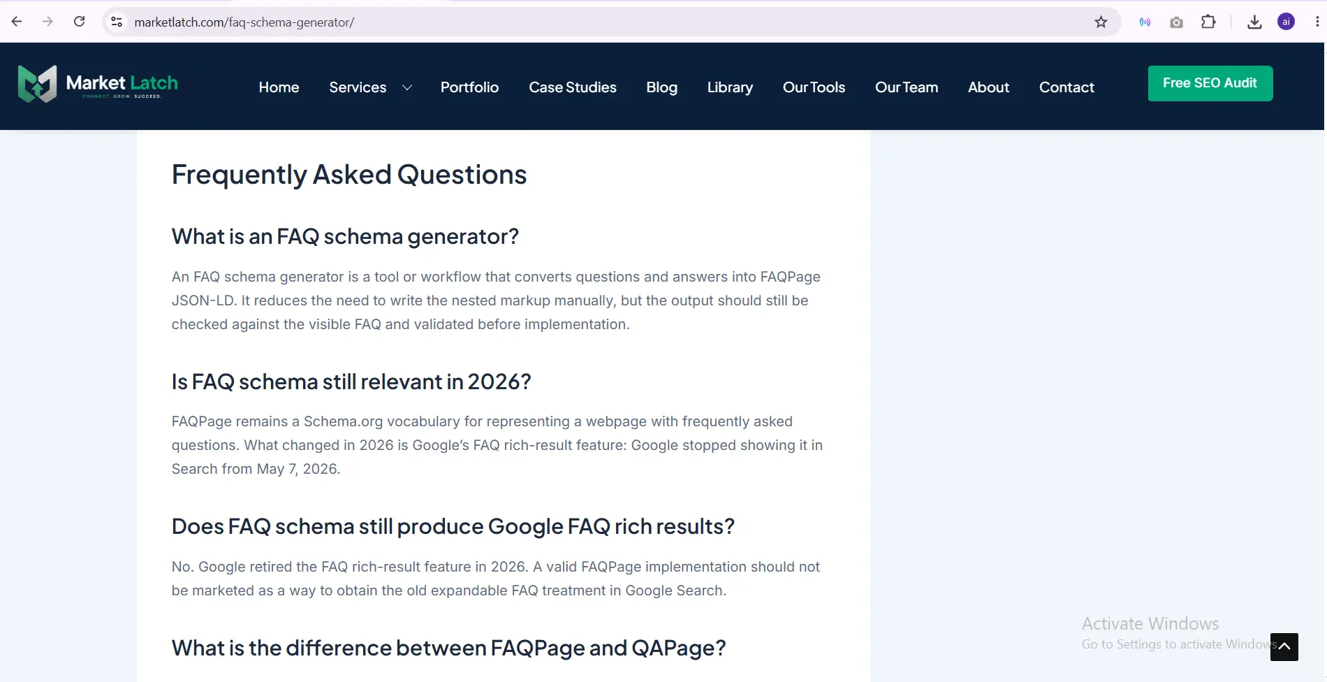 Visible FAQ content on a MarketLatch page