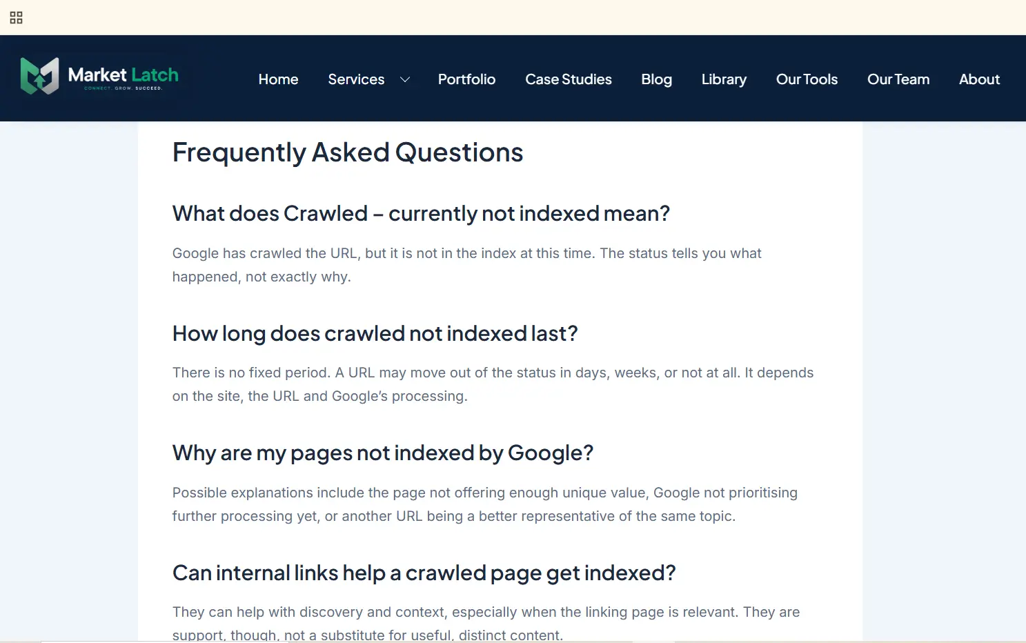 MarketLatch FAQ page showing visible questions and answers