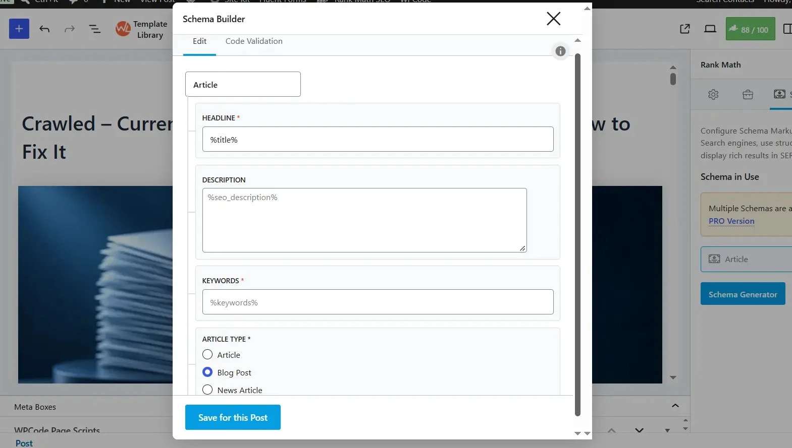 Rank Math WordPress Article schema settings for a blog post
