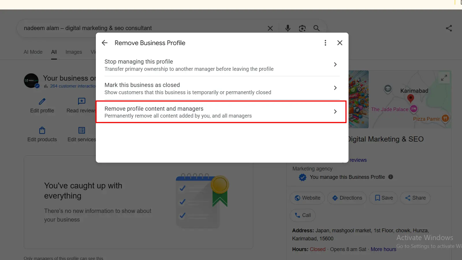 Google Business Profile settings showing the Remove Business Profile option.