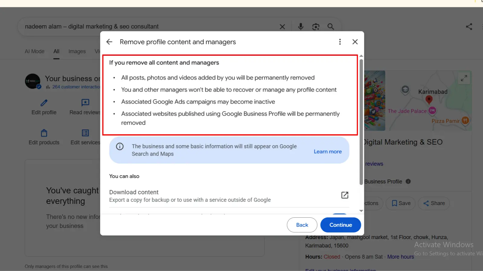 Google confirmation screen for removing Business Profile content and managers.