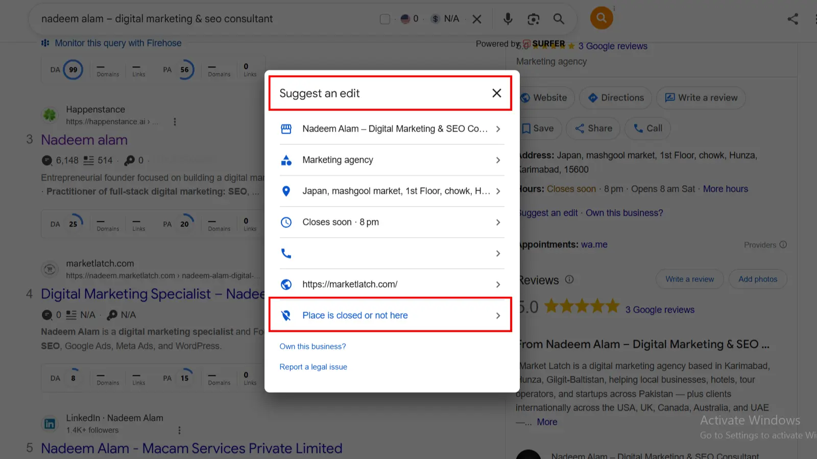 Google Maps Suggest an edit menu with Place is closed or not here highlighted.