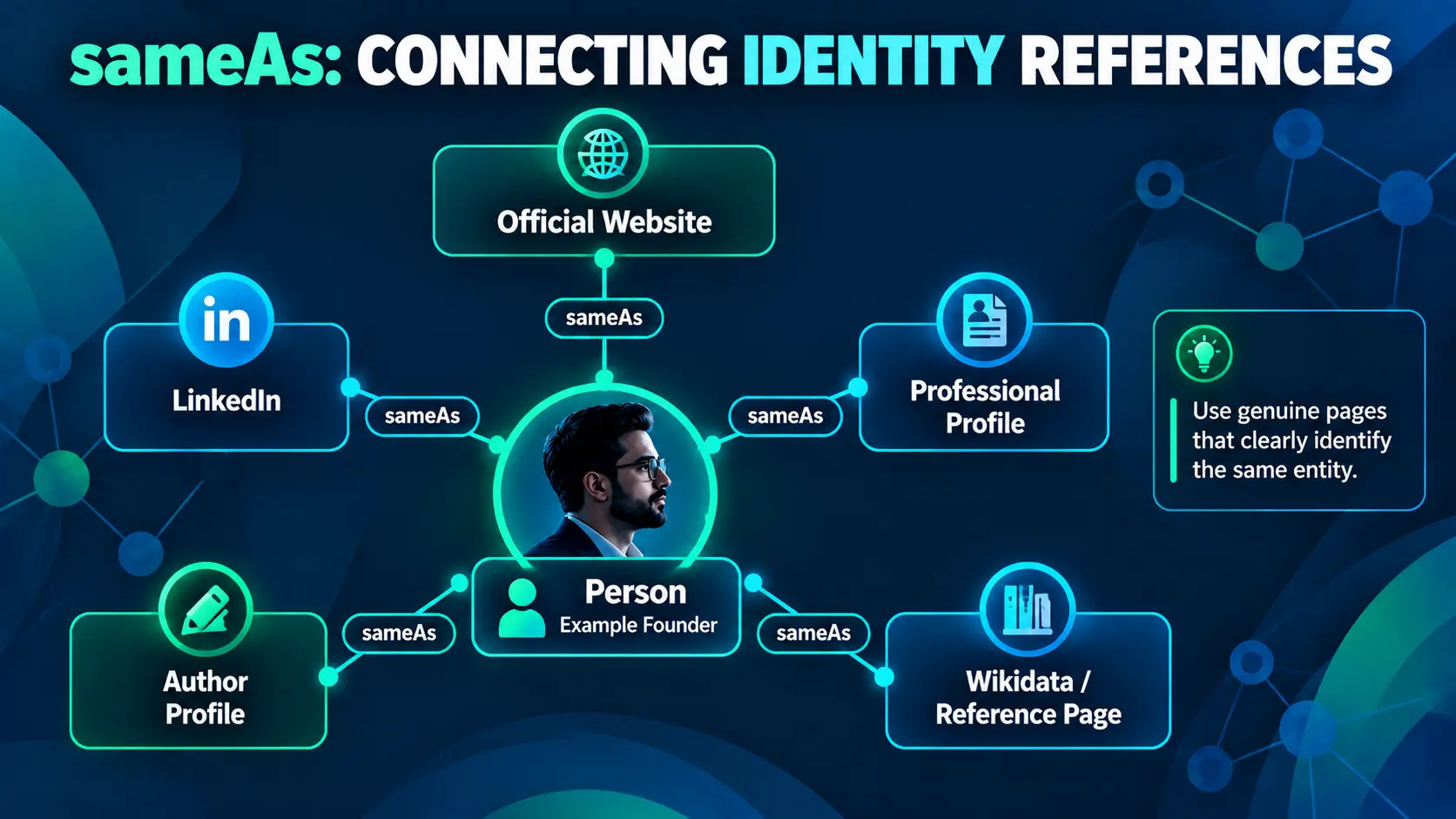 sameAs identity references connecting a Person or Organization to external profiles