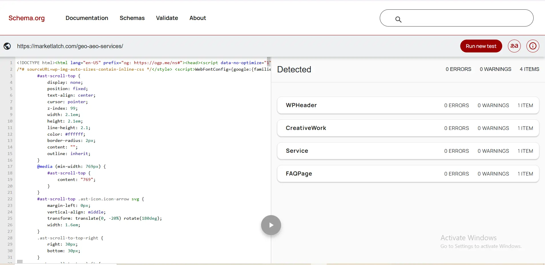 Schema Markup Validator showing structured data entities from a WordPress page