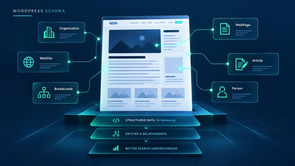Structured data schema layer connecting WordPress page entities