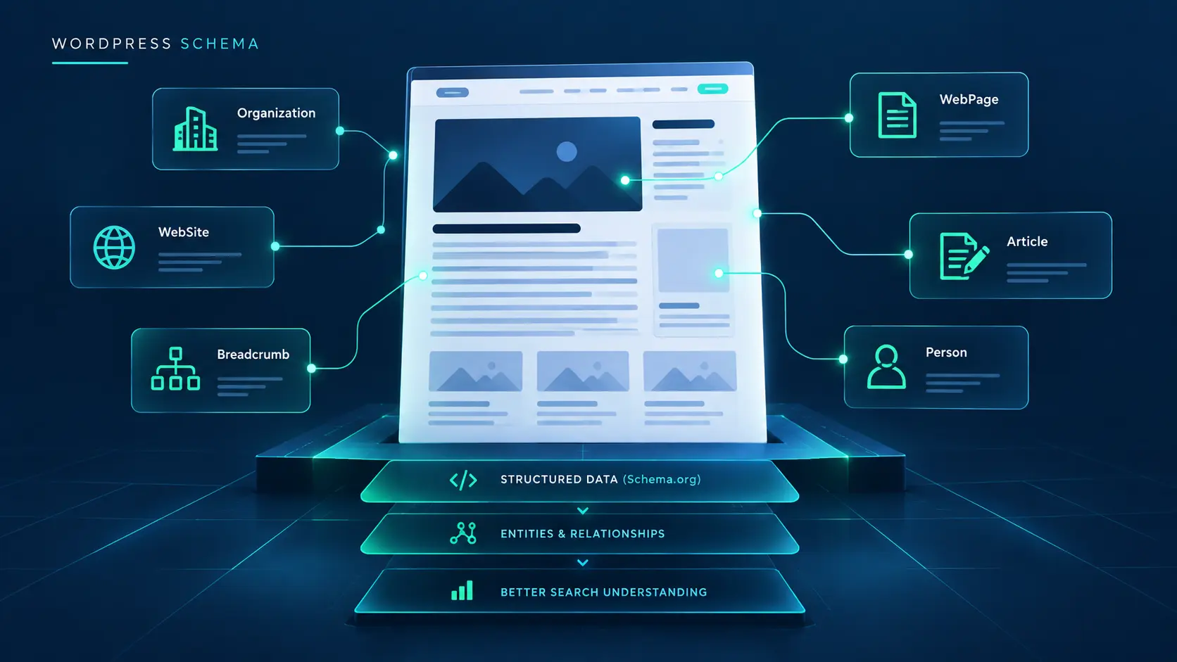 Structured data schema layer connecting WordPress page entities