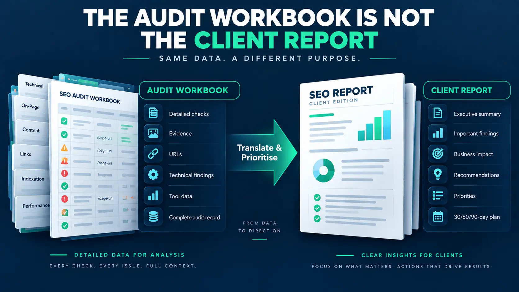 Comparison showing an SEO audit workbook and a client report with different purposes