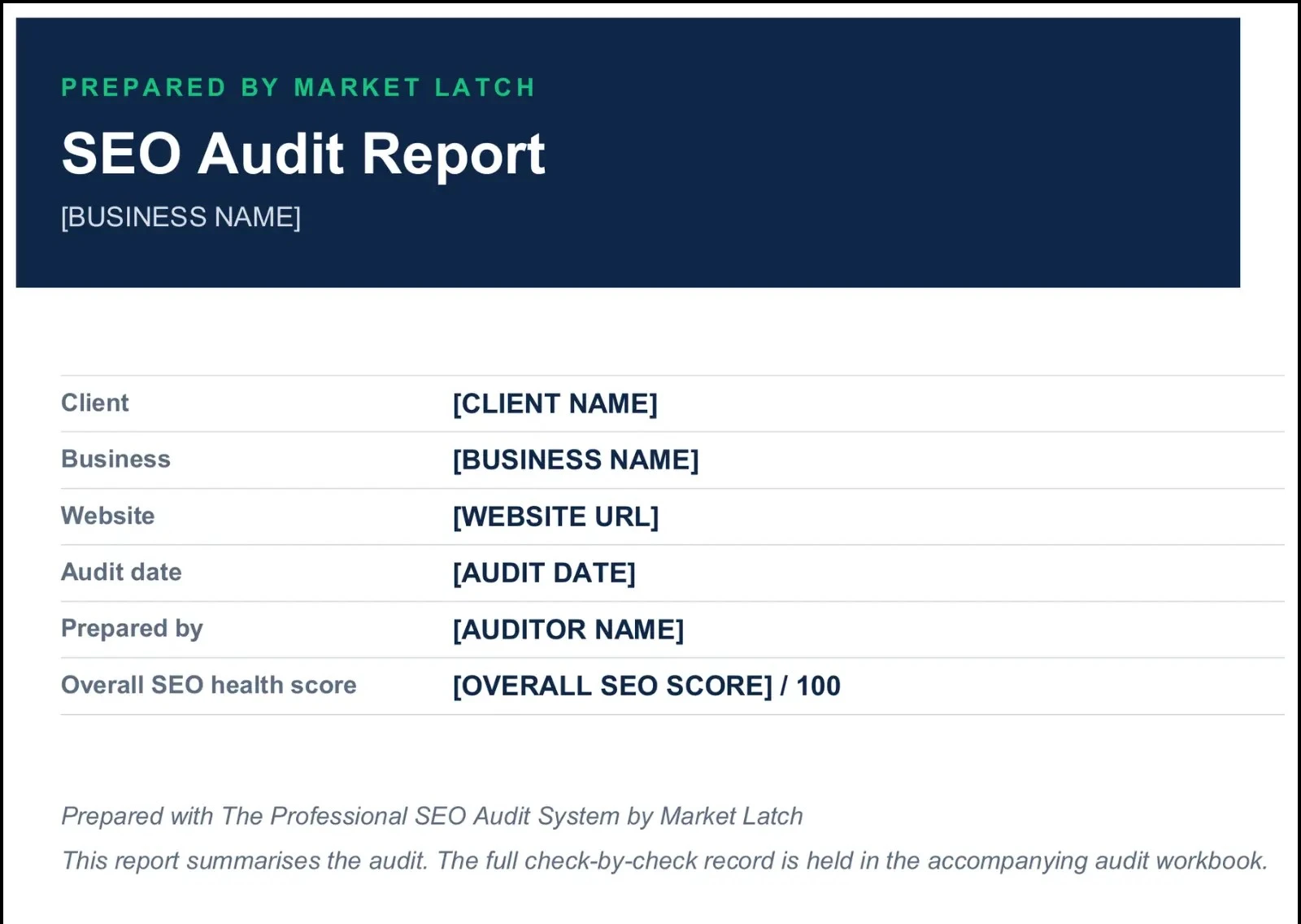 Client-facing SEO audit report cover template showing client, website, audit date and prepared-by fields