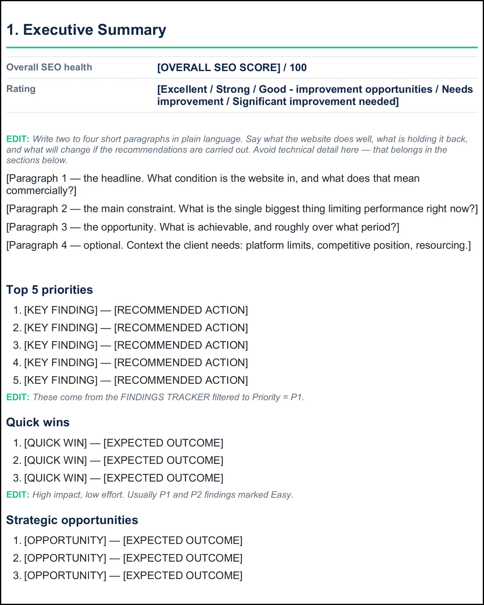 SEO client report executive summary template showing overall health, priorities and opportunities