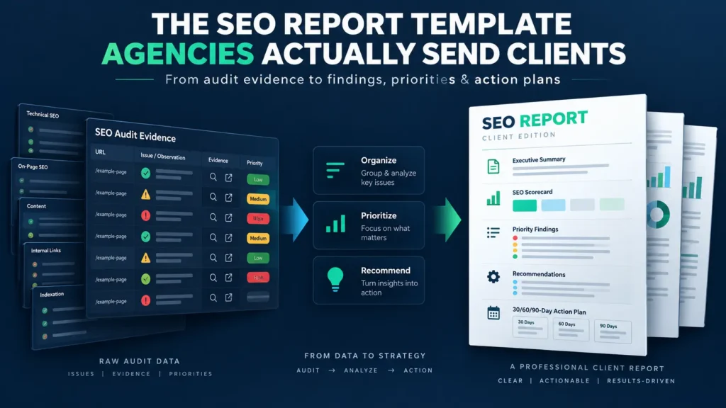 SEO report template showing how agencies turn audit evidence into a client-ready report