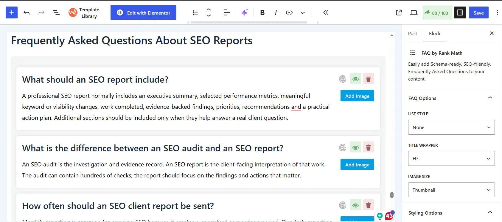 WordPress editor showing visible FAQ questions and answers on a MarketLatch page