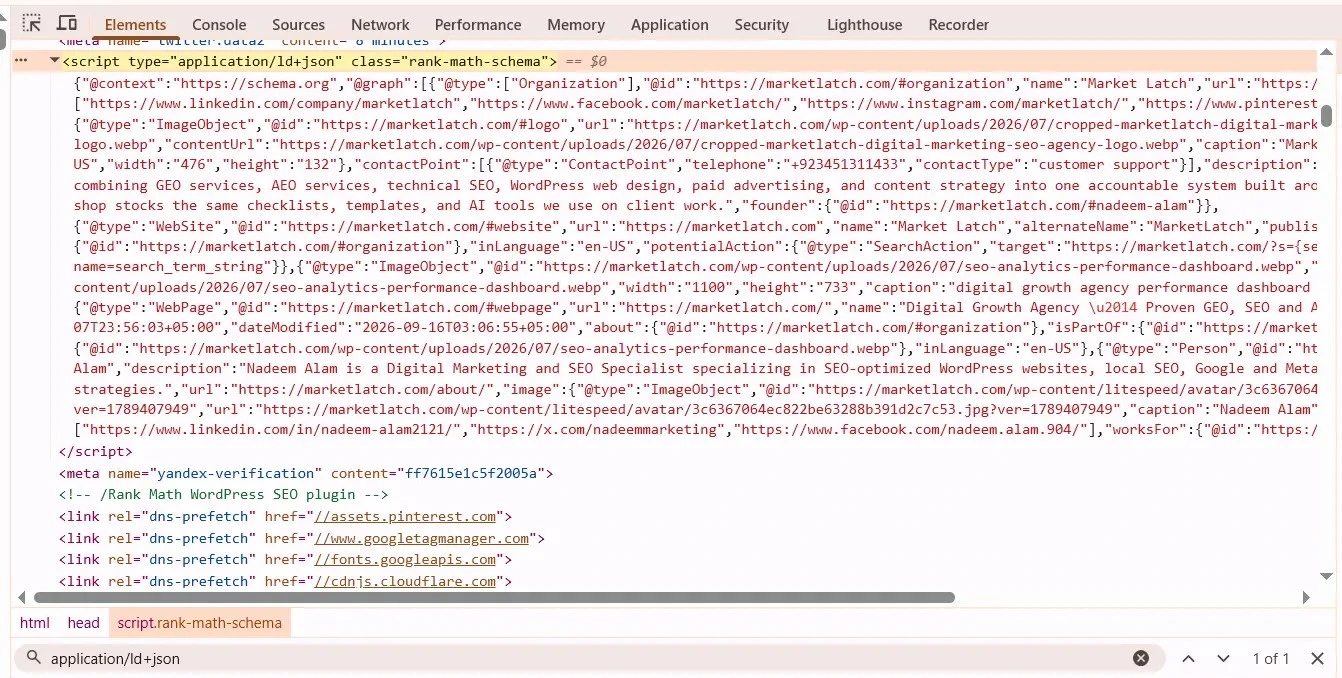 WordPress HTML source inspection showing Rank Math JSON-LD schema markup