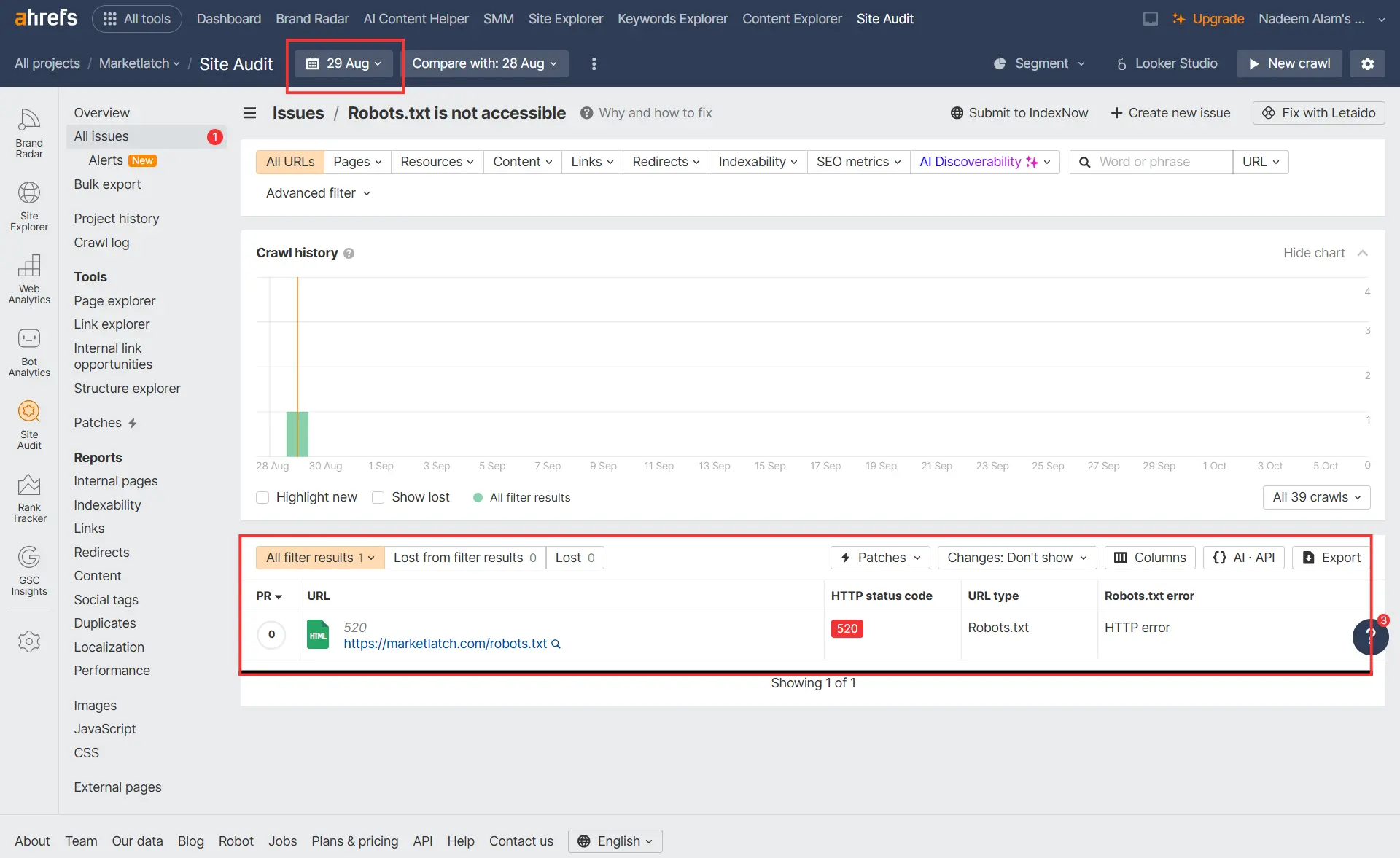 Ahrefs Site Audit showing MarketLatch robots.txt inaccessible with HTTP 520 on August 29, 2026  