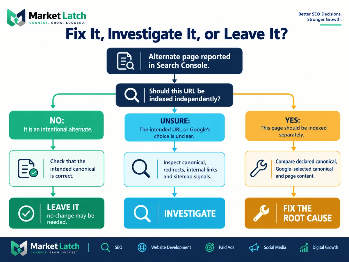 Decision tree showing whether to fix, investigate, or leave an alternate page with proper canonical tag status.
