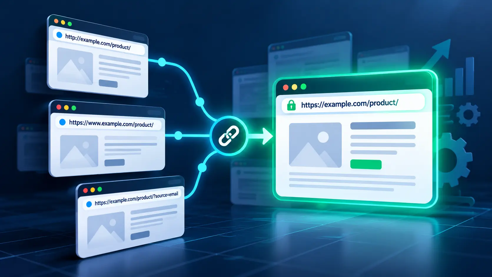 Illustration explaining an alternate page with proper canonical tag and how duplicate URLs point to a preferred page.