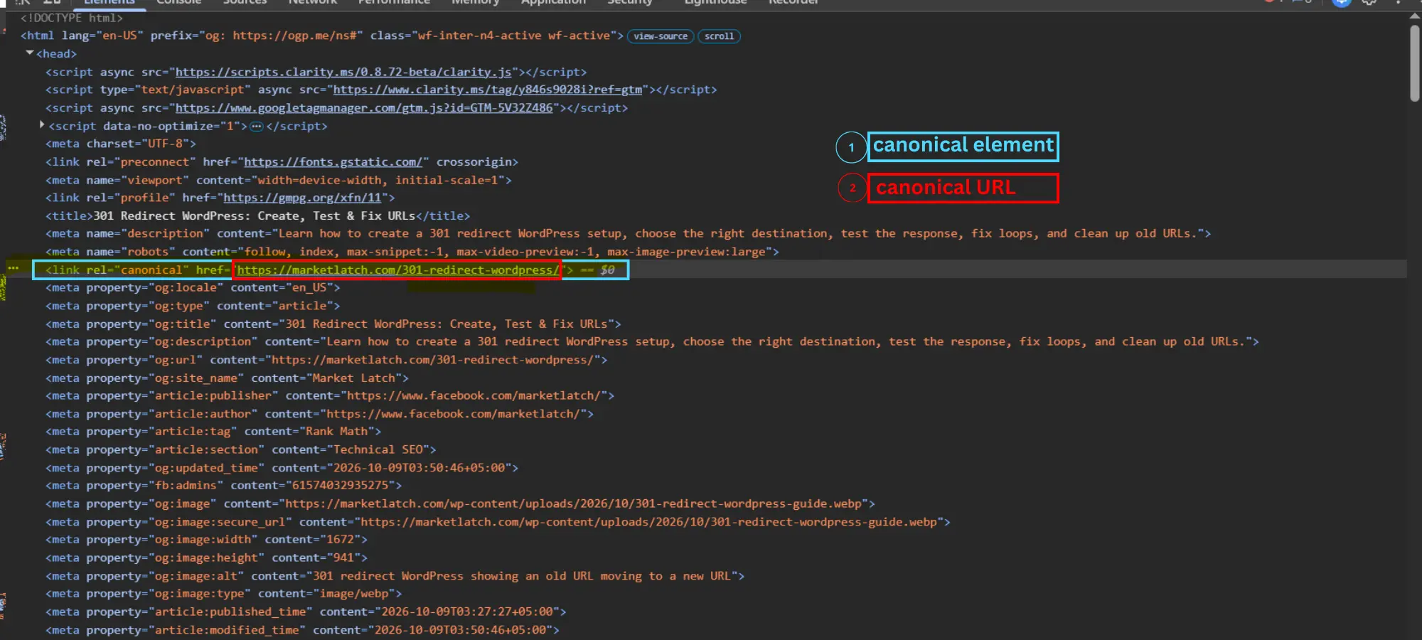 HTML source showing the rel canonical element for an inspected MarketLatch page.