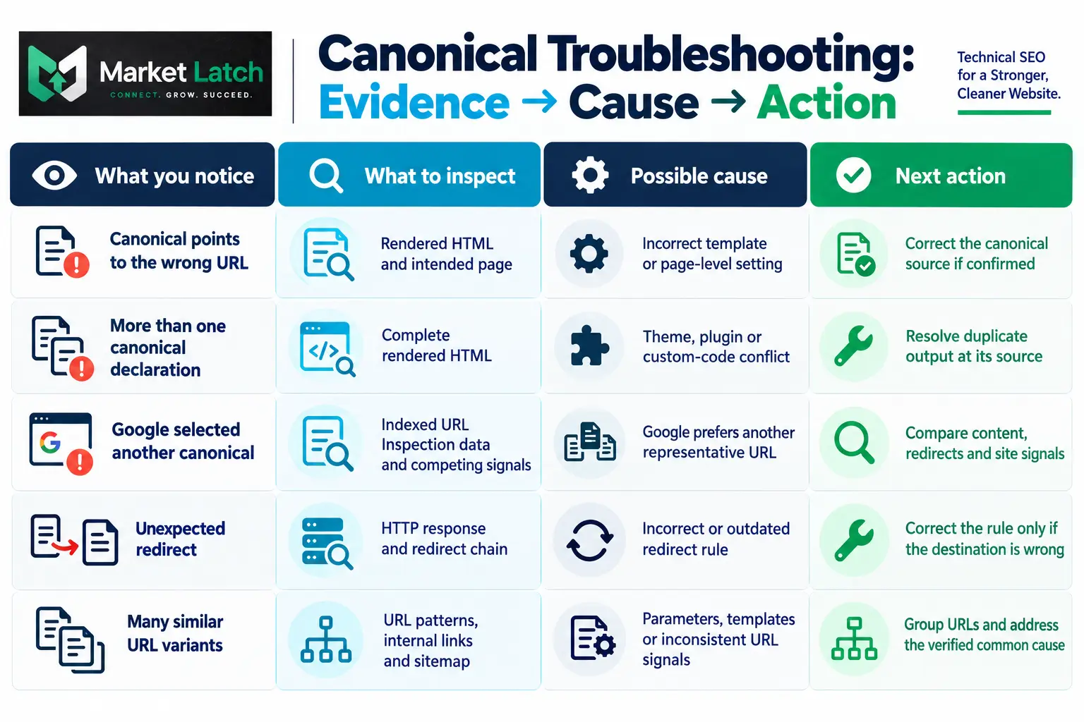 Canonical troubleshooting matrix mapping symptoms to evidence, possible causes, and corrective actions.