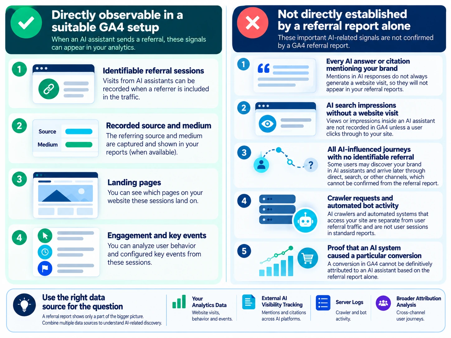Infographic contrasting identifiable GA4 referral sessions with AI mentions, AI search impressions, unidentifiable journeys, crawler requests, and conversion causality