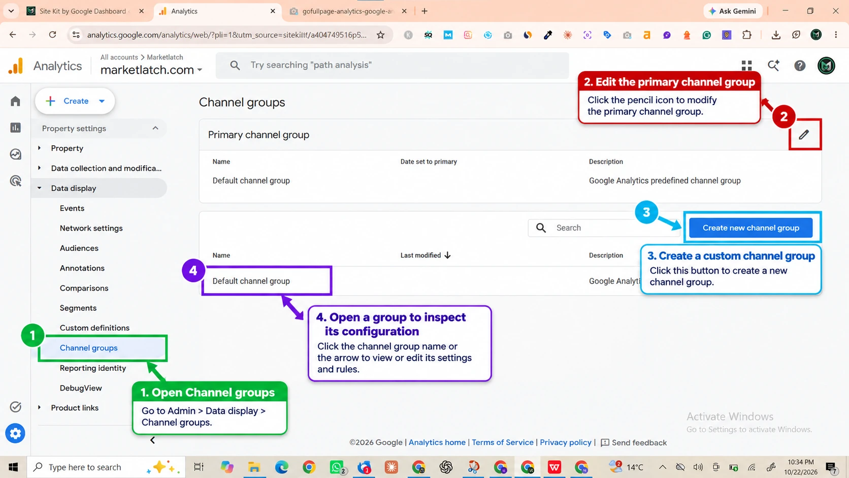 Annotated Google Analytics 4 Admin Data display Channel groups screen showing the channel groups menu and custom group controls