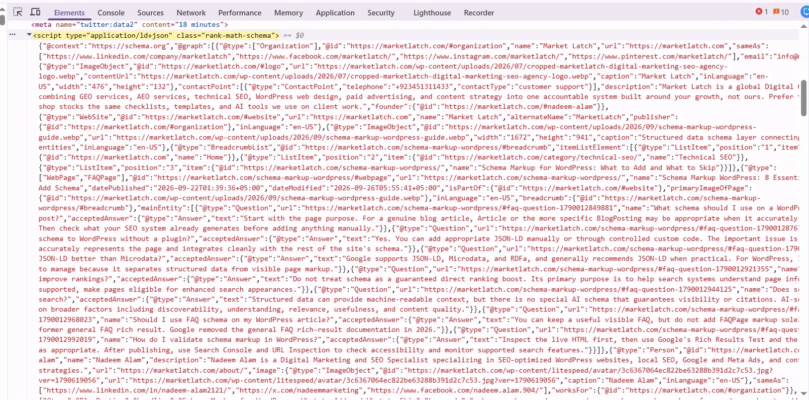 Browser developer tools showing JSON-LD structured data generated by Rank Math