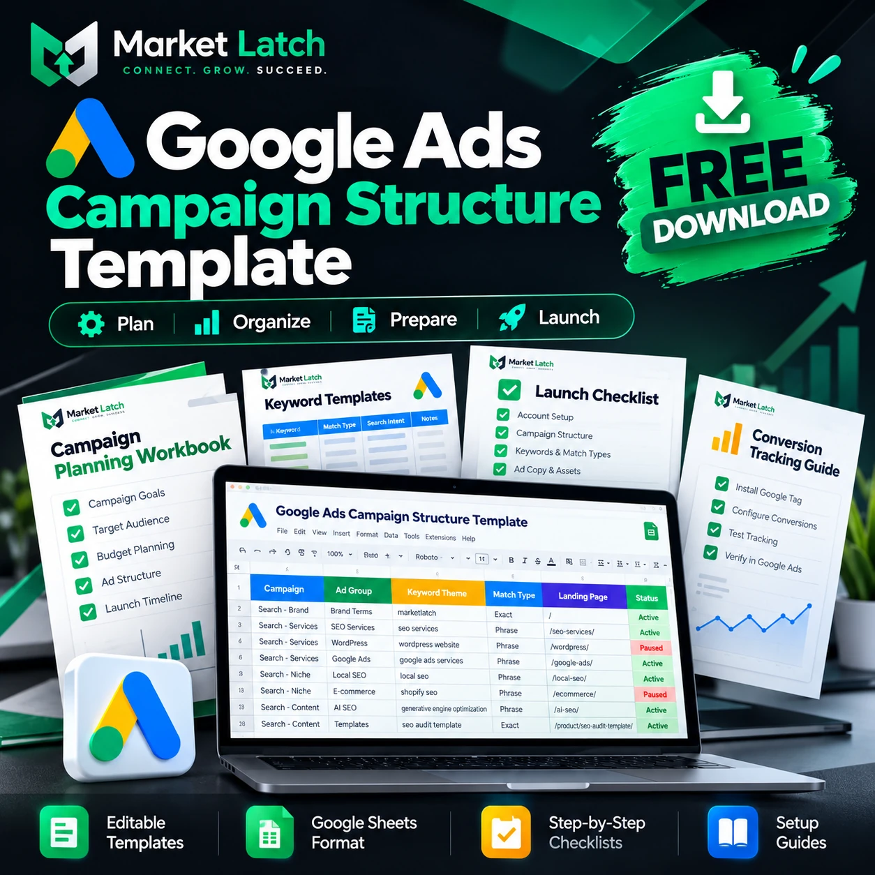 Free Google Ads campaign structure template by MarketLatch displayed on a laptop with campaign planning resources