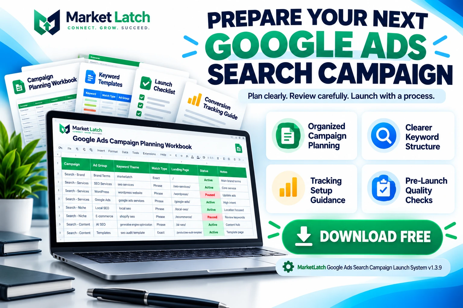 Google Ads campaign template benefits including campaign planning, keyword organization, tracking guidance, and pre-launch quality checks
