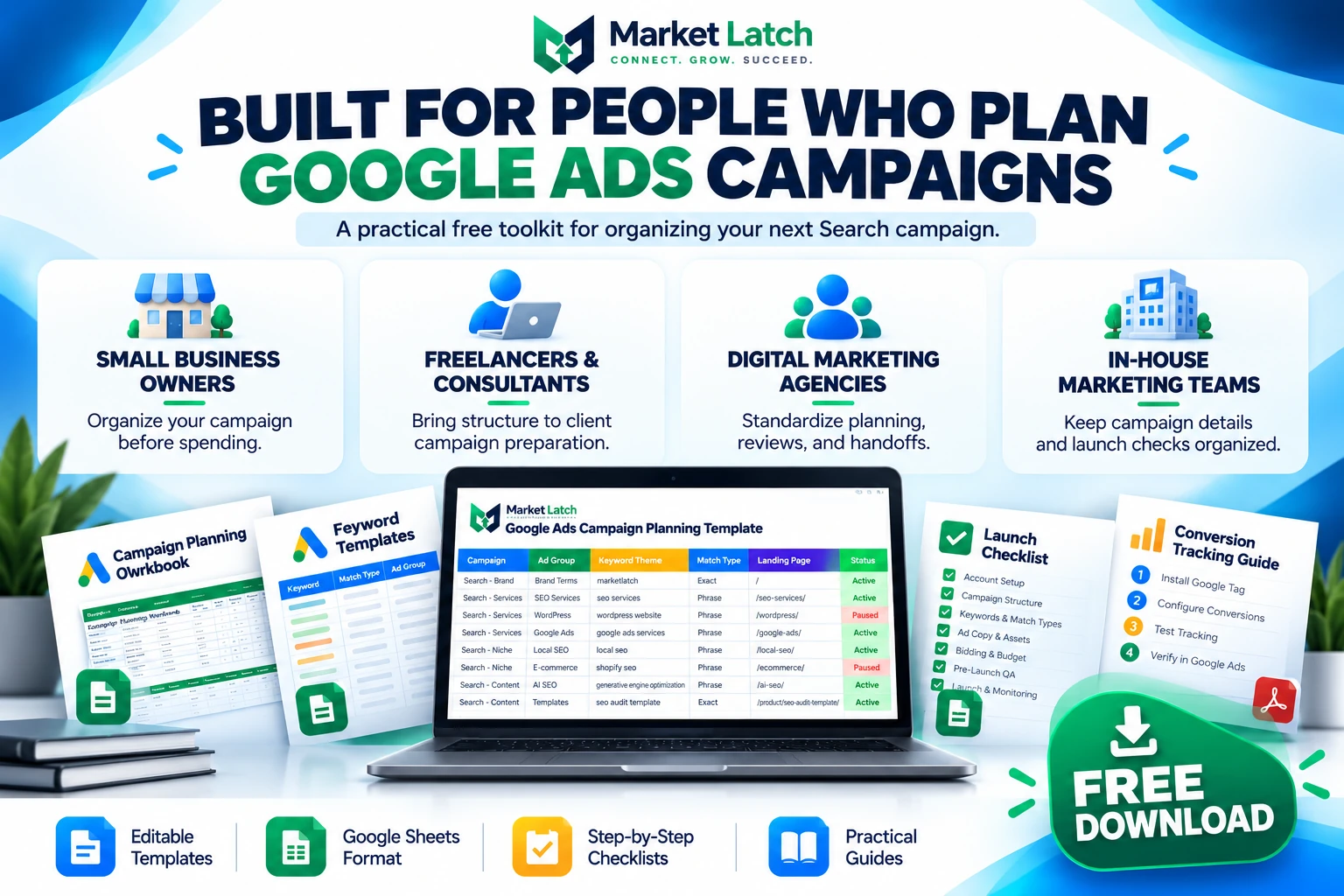 Free Google Ads campaign planning toolkit for small business owners, freelancers, agencies, and in-house marketing teams