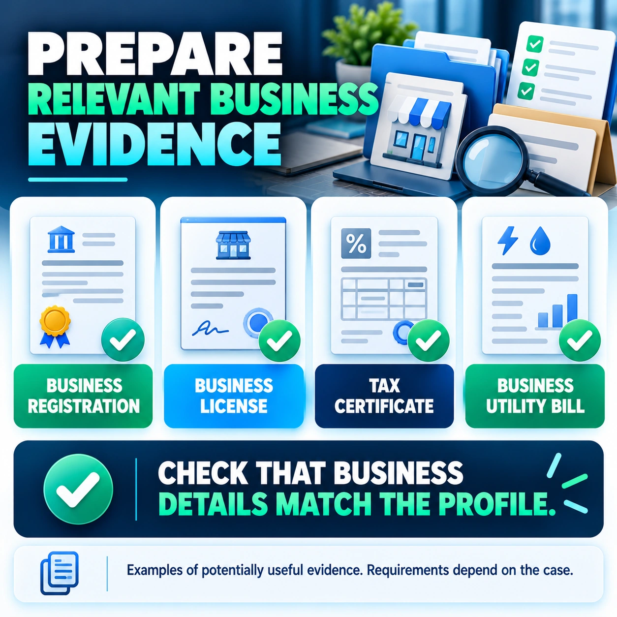 Infographic showing four examples of possible supporting documents: business registration, business license, tax certificate, and business utility bill.