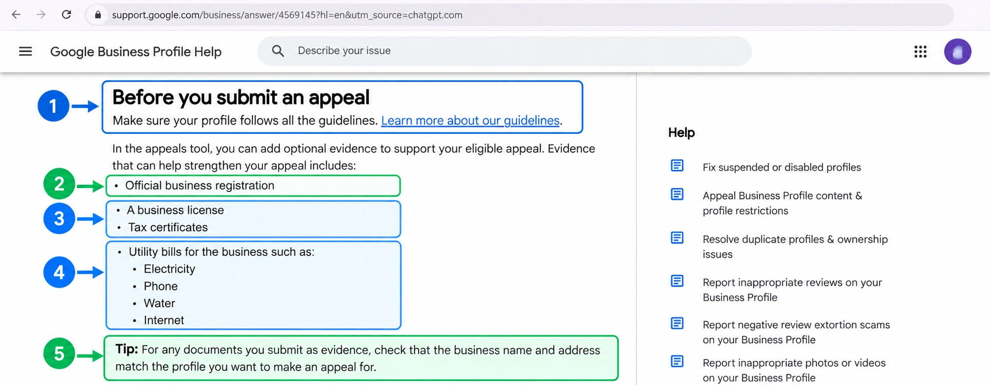 Annotated screenshot of Google’s official appeal evidence guidance highlighting policy compliance, business registration, licenses, tax certificates, utility bills, and the requirement to match business name and address. 