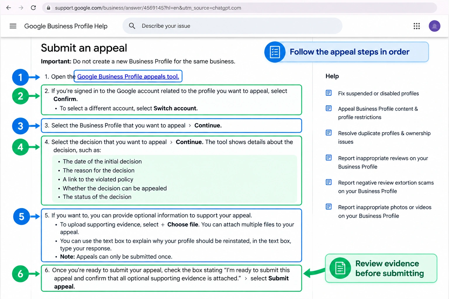 Annotated screenshot of Google’s official Submit an appeal instructions showing the appeals-tool link, account confirmation, profile selection, decision details, optional supporting evidence, and submission confirmation.