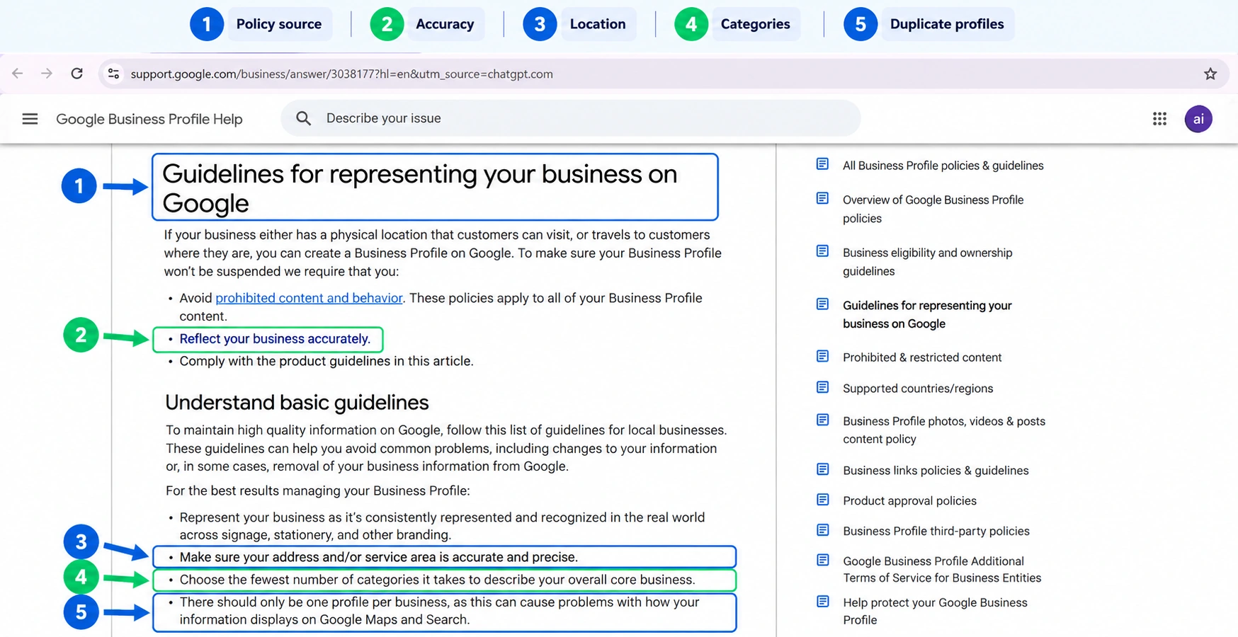 Annotated screenshot of Google’s official business representation guidelines, highlighting the page title, accurate business representation, precise address or service area, appropriate categories, and duplicate-profile guidance.