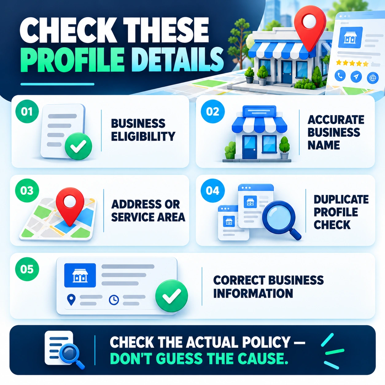 Infographic checklist covering business eligibility, accurate business name, address or service area, duplicate-profile checks, and correct business information.
