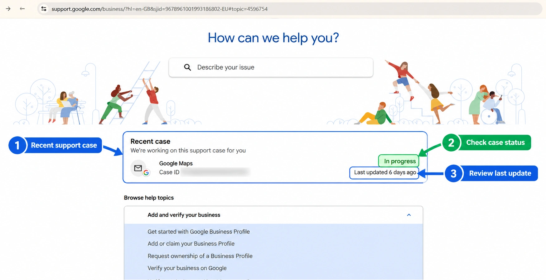 Annotated screenshot of Google Business Profile Help showing a recent support case, an “In progress” status, and a last-updated date; the case identifier is obscured.  
