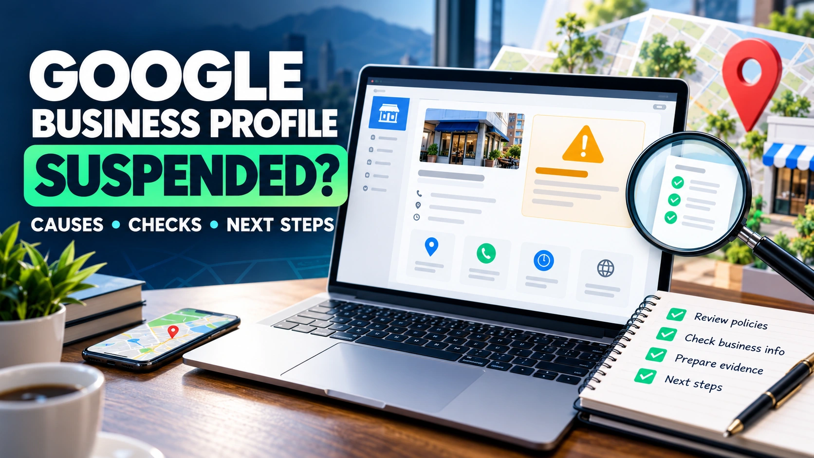 Google My Business suspended? Feature illustration showing a Google Business Profile warning, policy checks, and appeal steps.