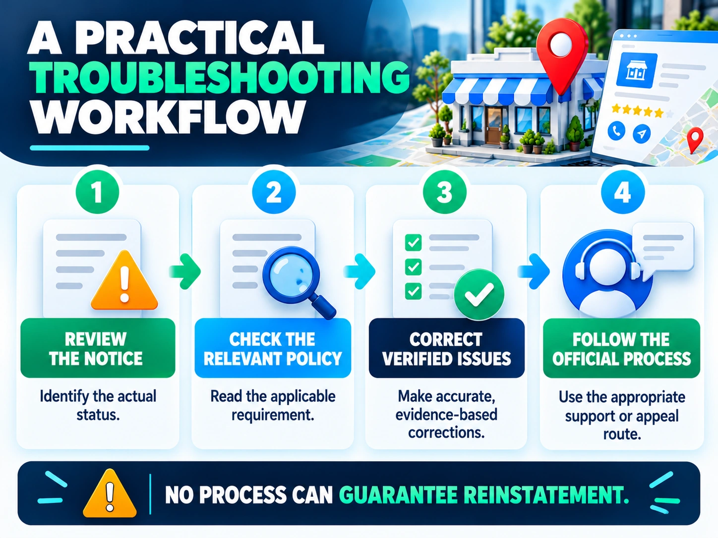 Four-step infographic showing review the notice, check the relevant policy, correct verified issues, and follow the official process.