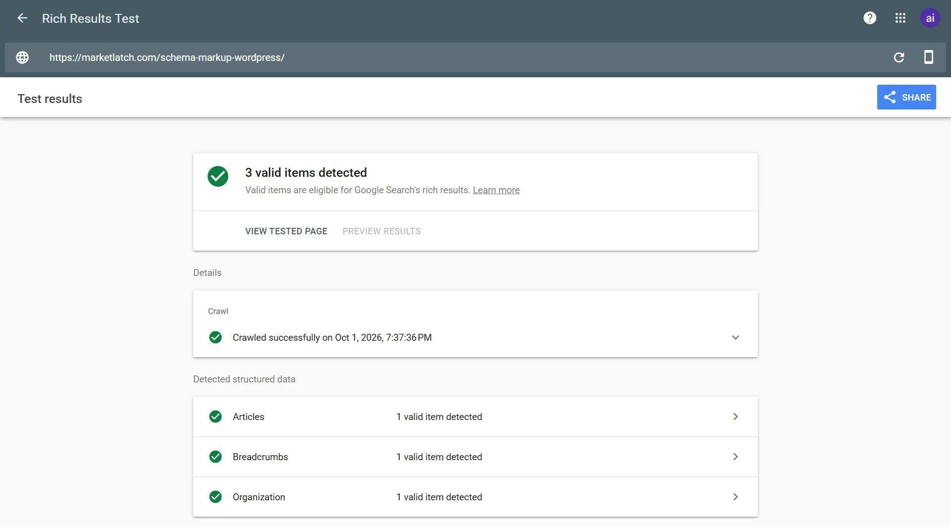 Google Rich Results Test showing three valid structured-data items on a MarketLatch WordPress page