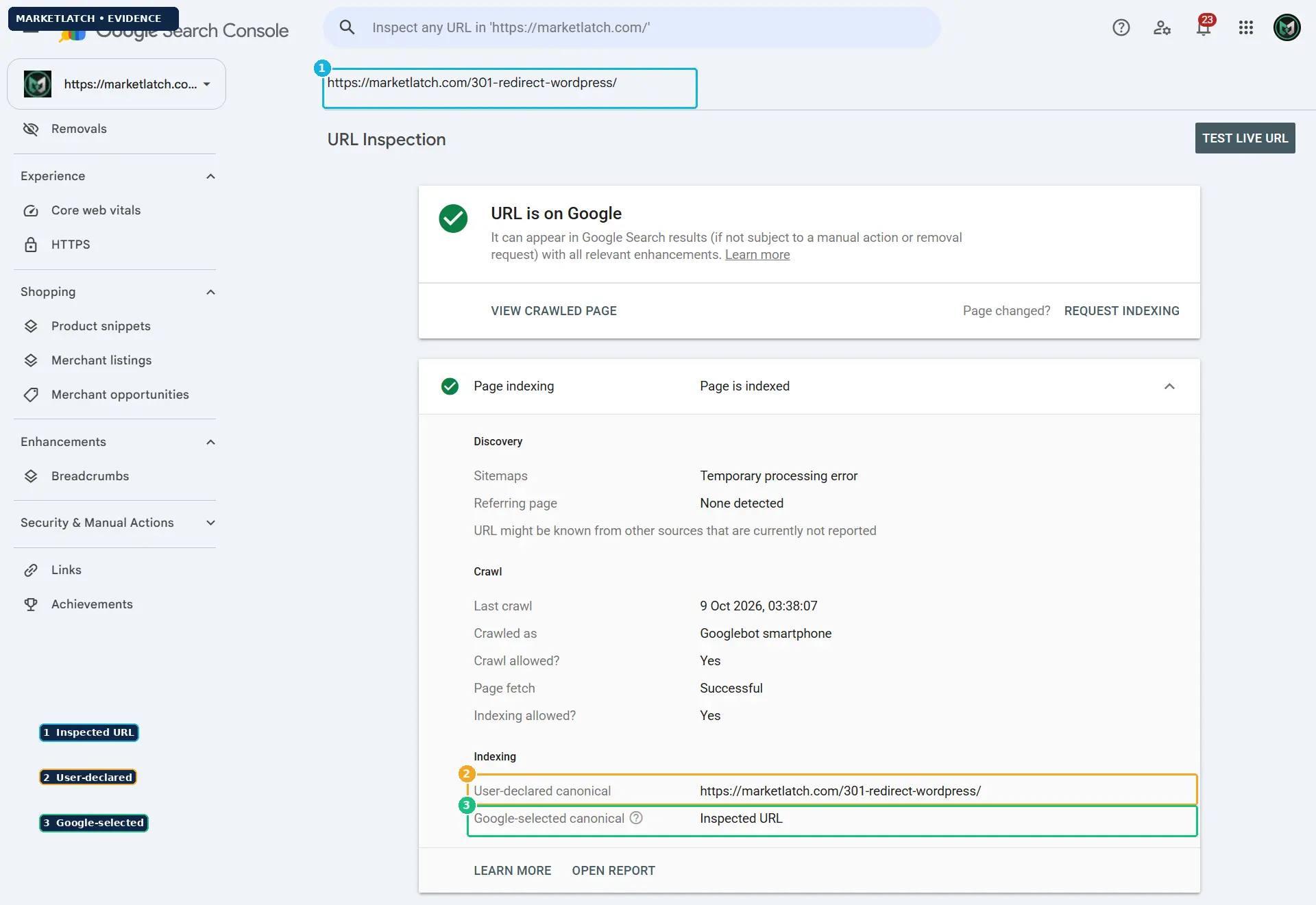 Google Search Console URL Inspection showing where to compare user-declared and Google-selected canonical URLs.