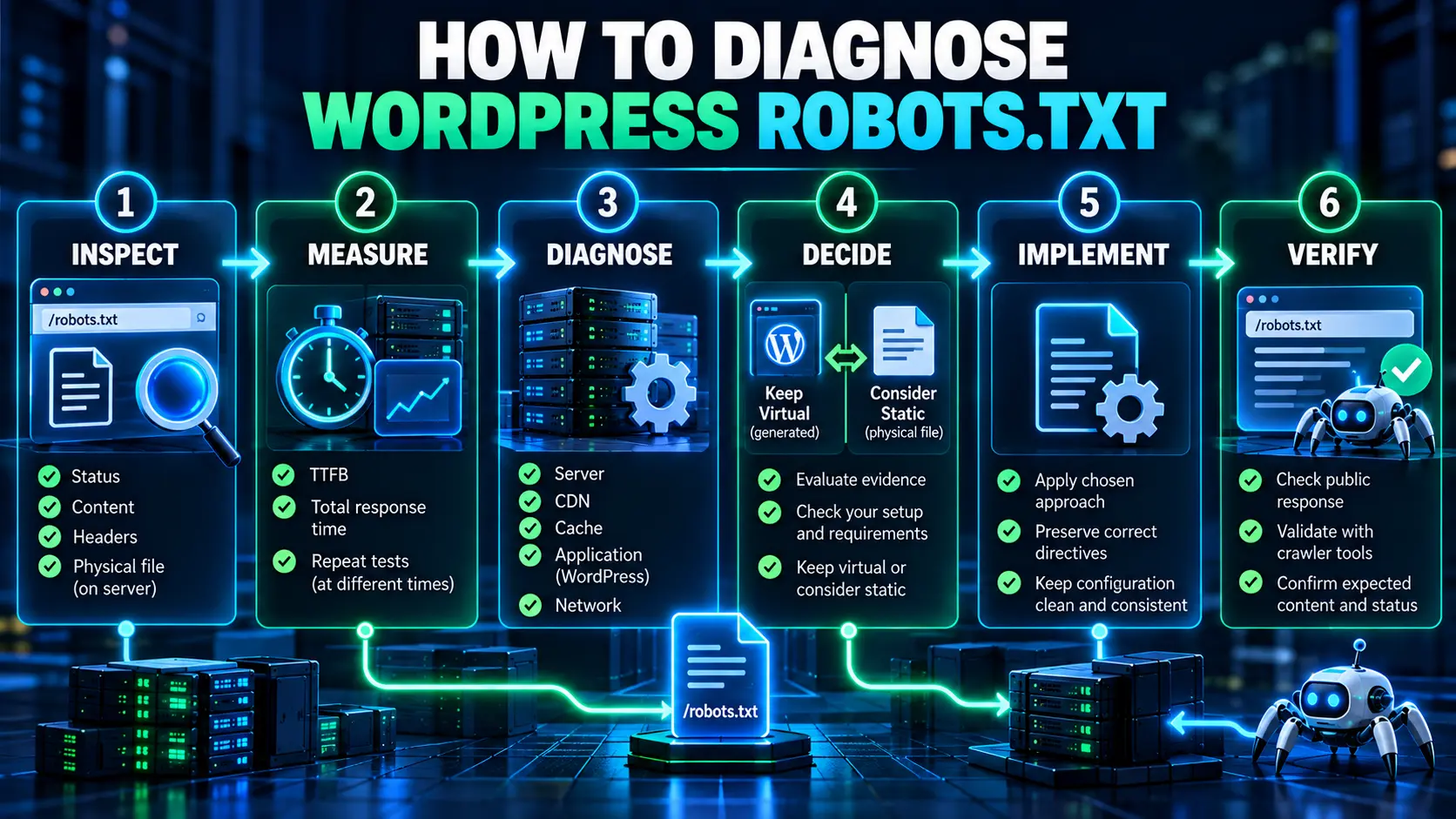 Six-step WordPress robots.txt diagnostic workflow from inspection and measurement through implementation and verification