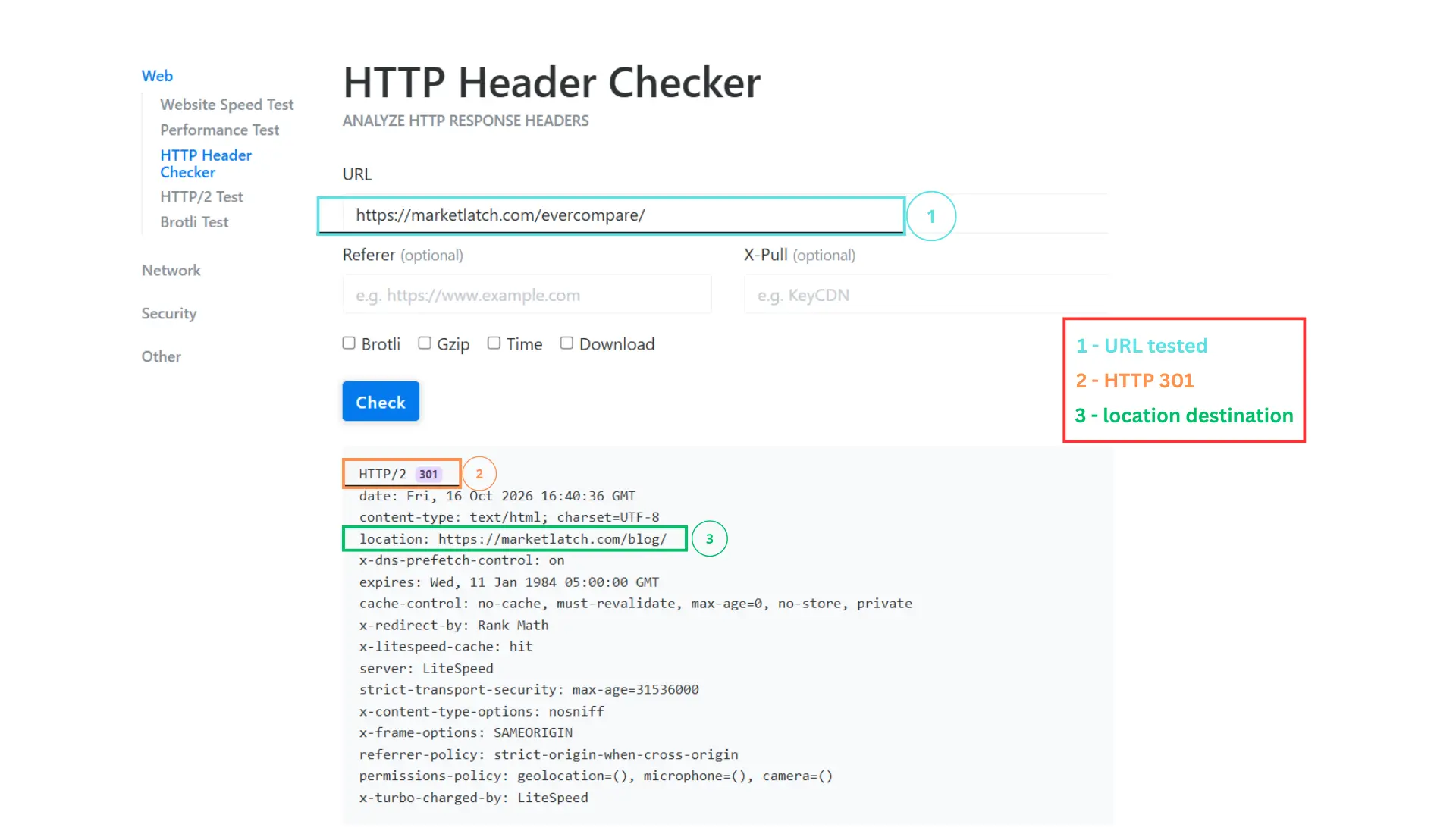 HTTP header checker showing a 301 redirect and its destination URL.