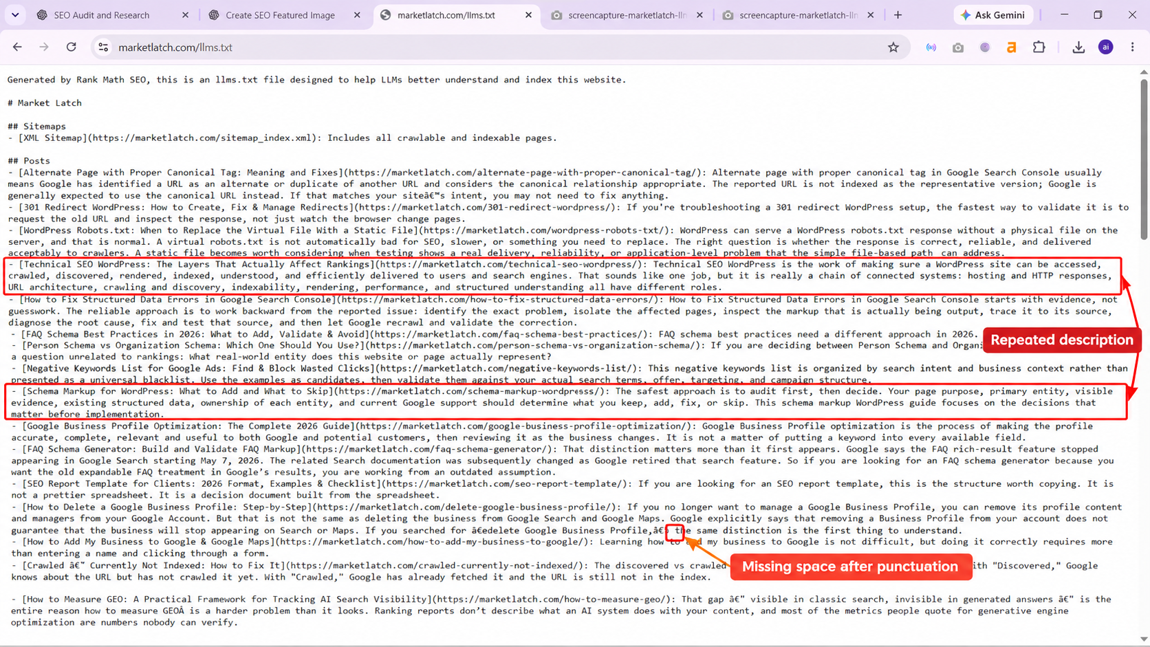 Annotated llms.txt content review showing candidate issues for manual validation