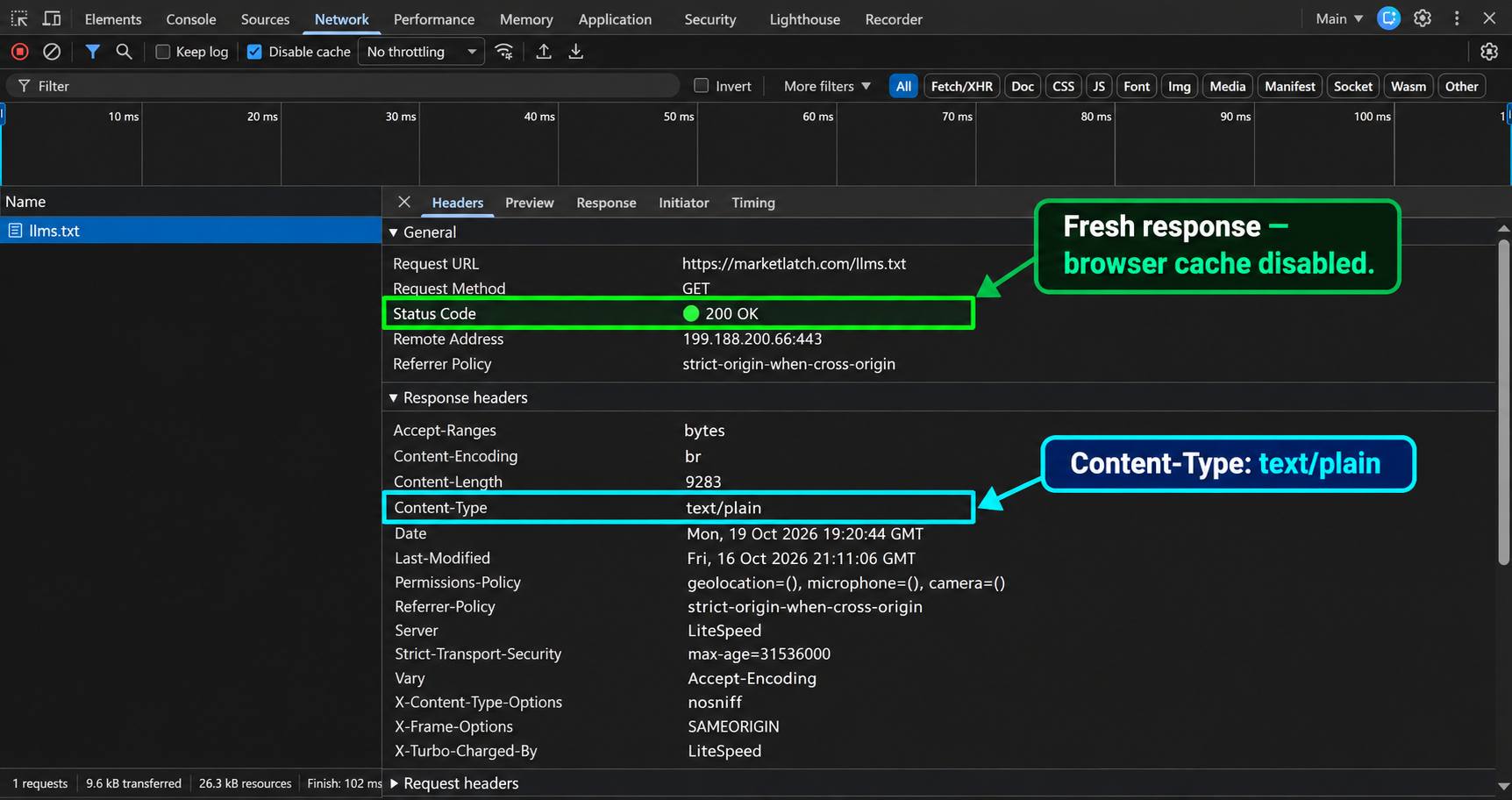 Browser developer tools showing HTTP 200 and text/plain for the llms.txt request