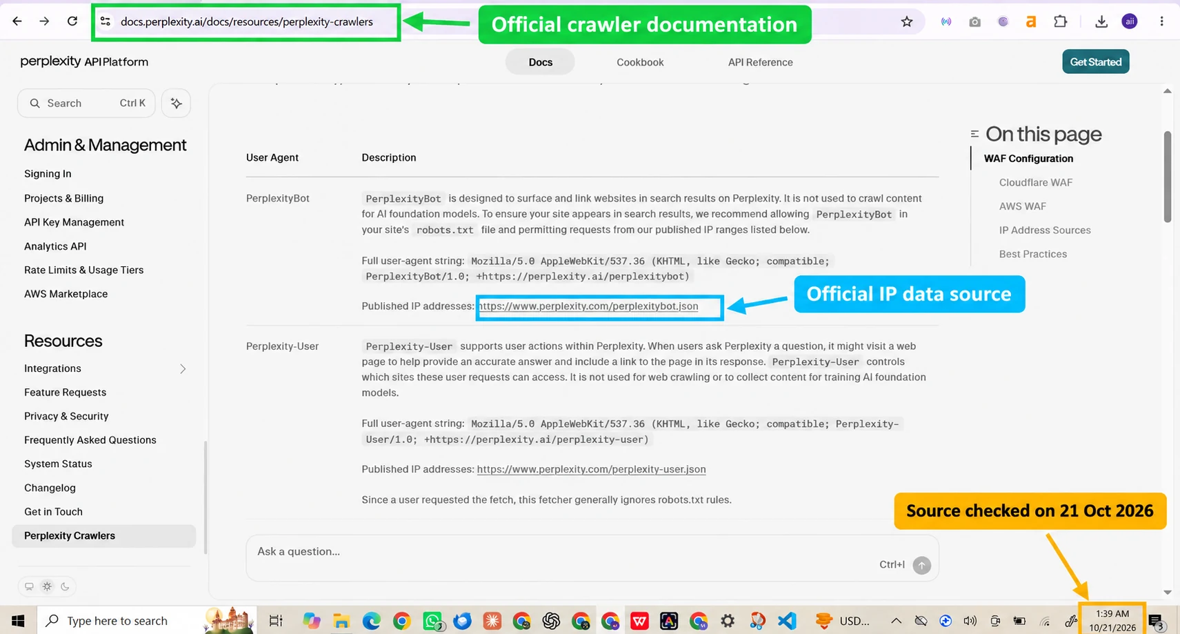 Official Perplexity crawler documentation showing crawler identification and IP verification resources.
