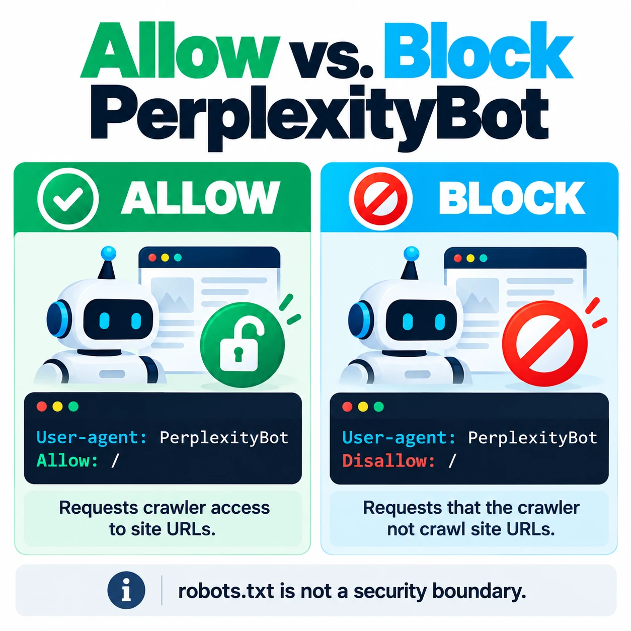 Infographic comparing robots.txt rules to allow or block PerplexityBot, with Allow: / and Disallow: / examples.