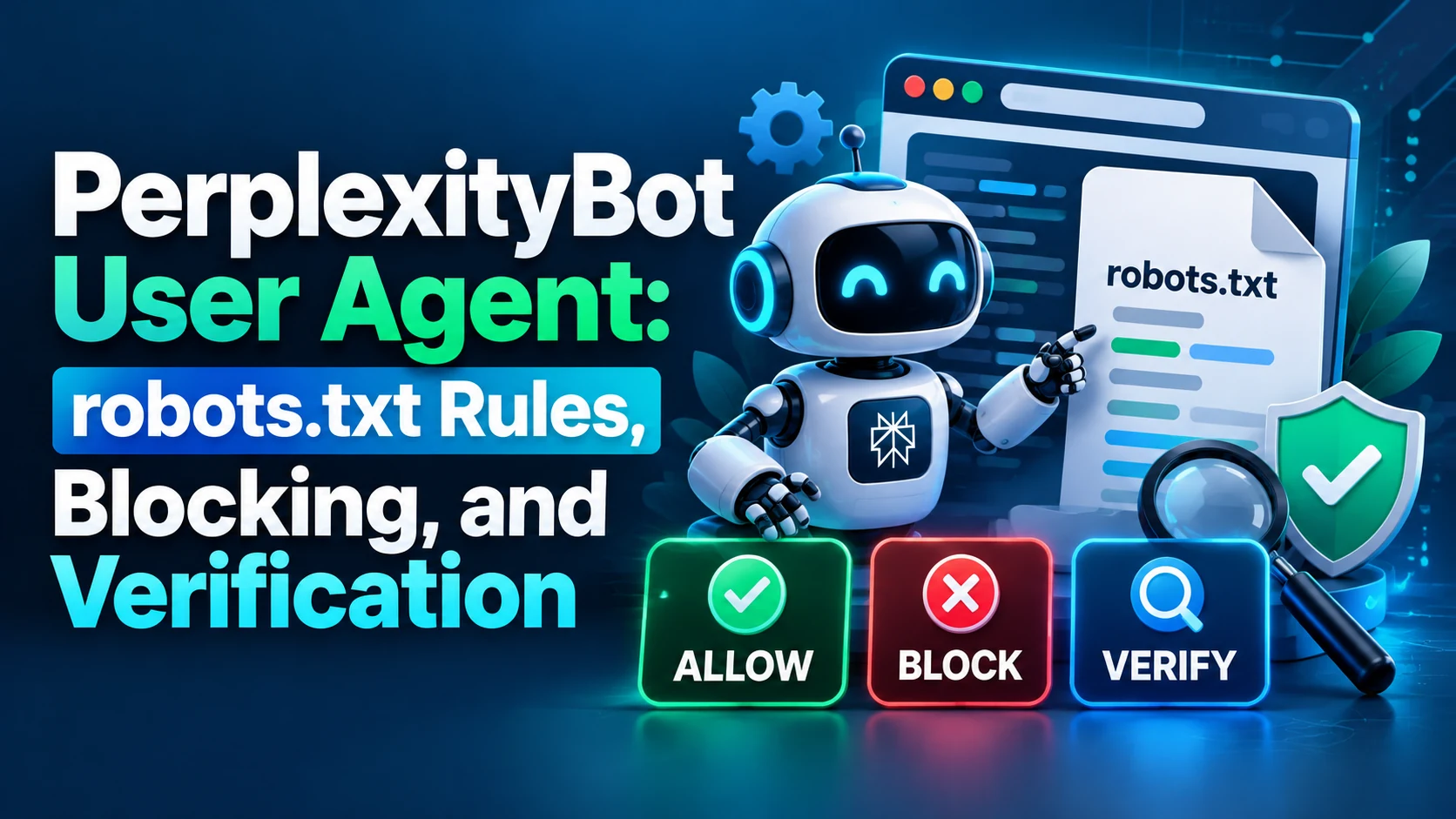 PerplexityBot user-agent guide illustrating robots.txt rules, access decisions, and verification.