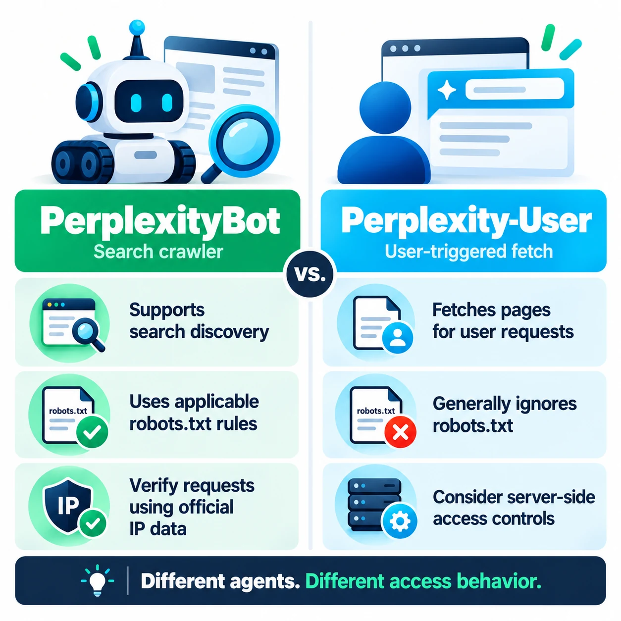 Comparison of PerplexityBot search crawling and Perplexity-User user-triggered page fetching.
