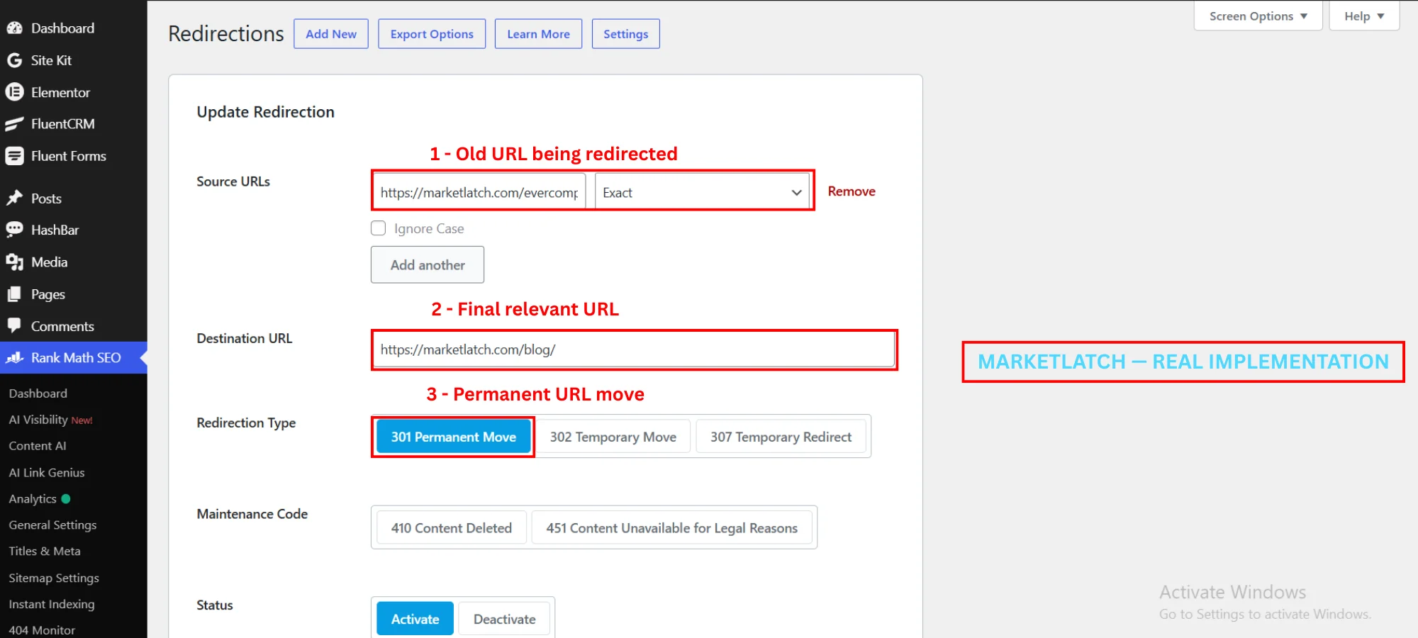 MarketLatch Rank Math 301 redirect example showing the old URL and final destination
