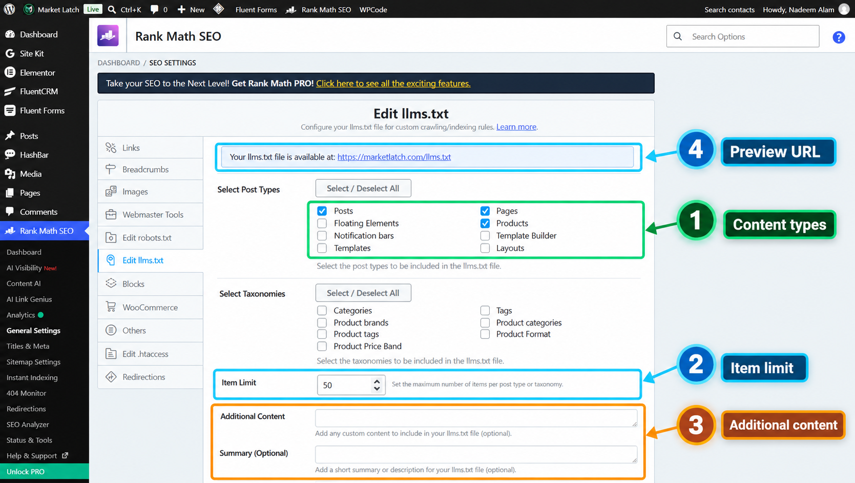 Rank Math llms.txt settings showing selected content types, item limit, and optional fields