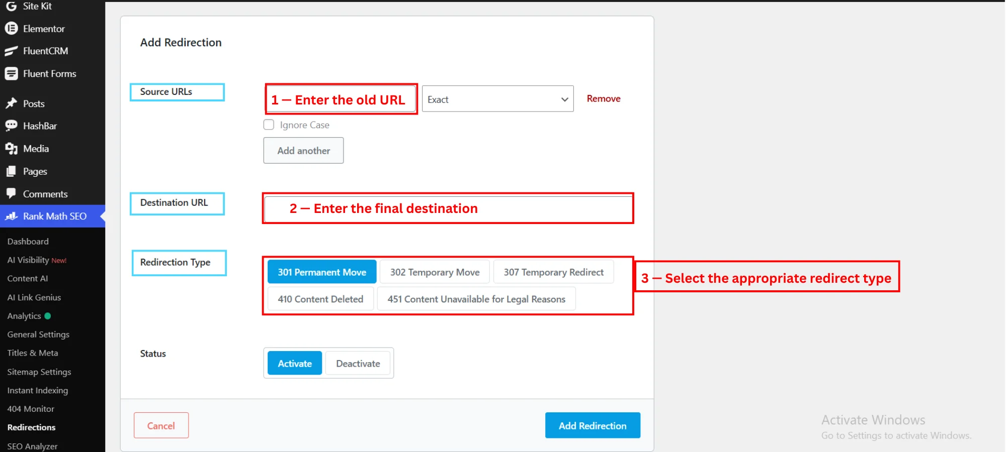 Rank Math WordPress Redirections Add New screen with source, destination and redirect type