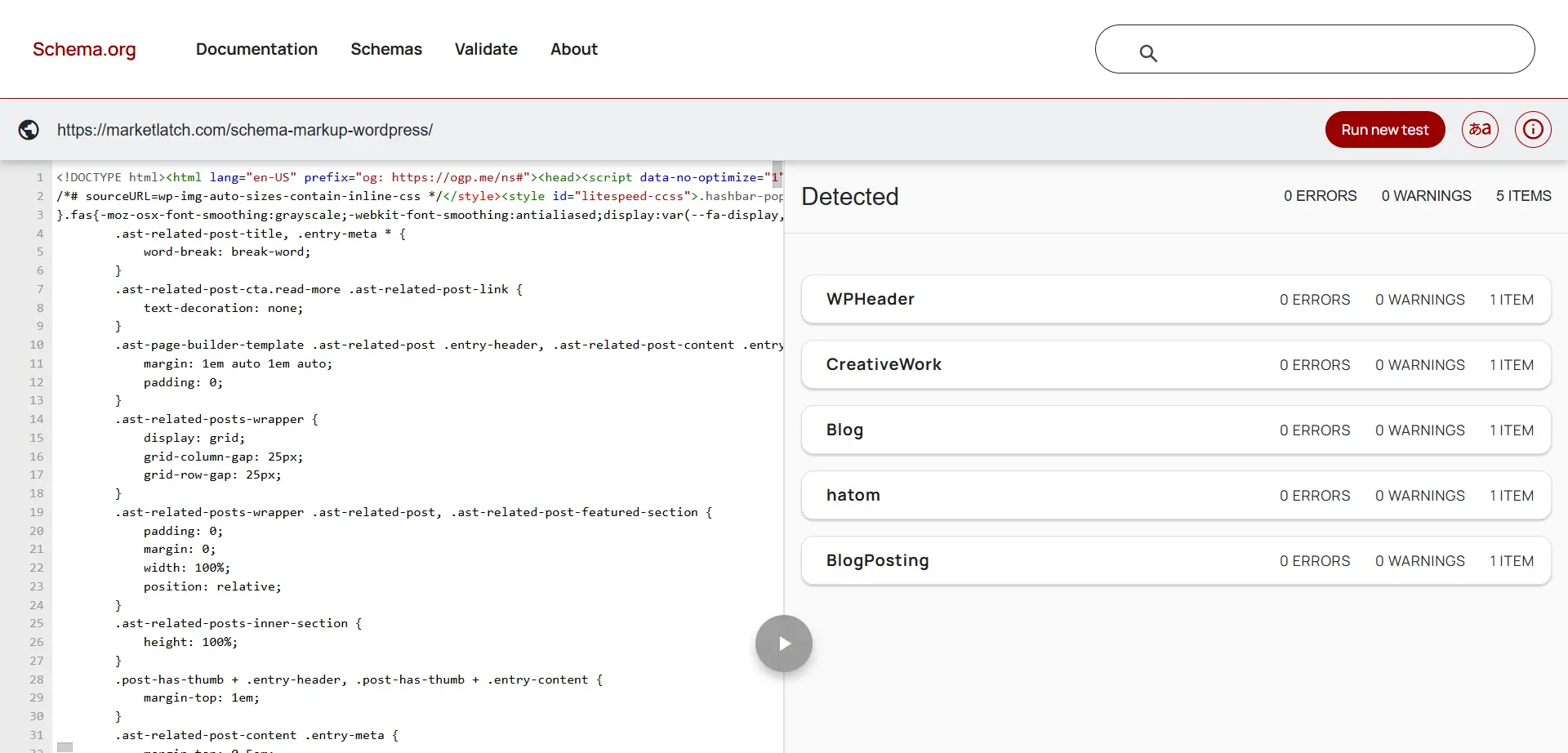 Schema.org Validator showing five detected structured-data items with zero errors and warnings